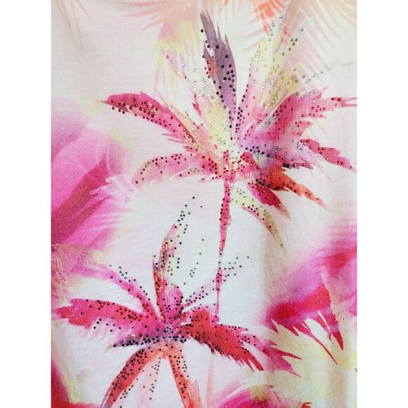 Chico's 2 Bright Tropical Foliage Palm Tree T-Shirt Pink‎ & White SS Round Neck - Picture 3 of 6
